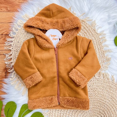 Conj. Jaqueta de Soft com Capuz e Calça de Linho Raposinha - Caramelo